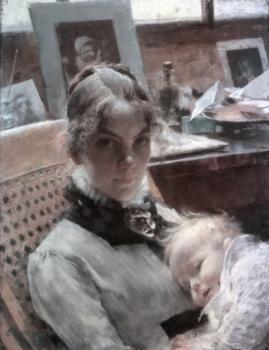 卡爾 拉爾森 A studio idyll. The artist's wife with daughter Suzanne